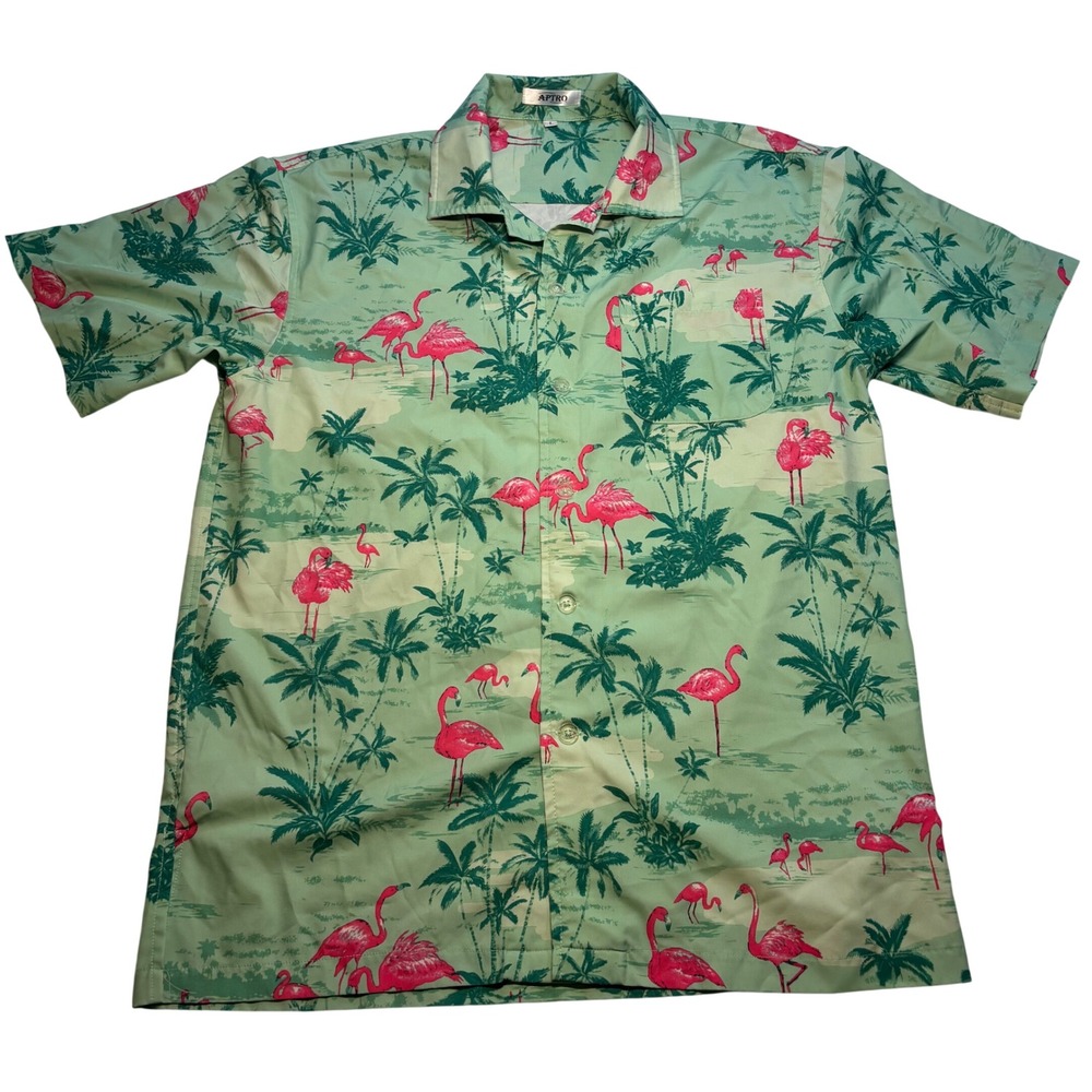 Aptro Button Down Shirt Men Green Excellent Flamingo Tropical Palm Print L